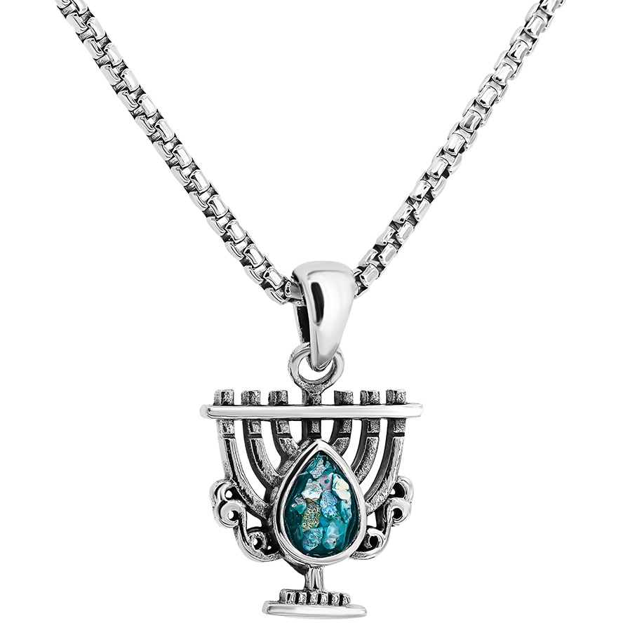 Roman Glass ‘Menorah’ Necklace – Sterling Silver – Made in Israel (with chain)