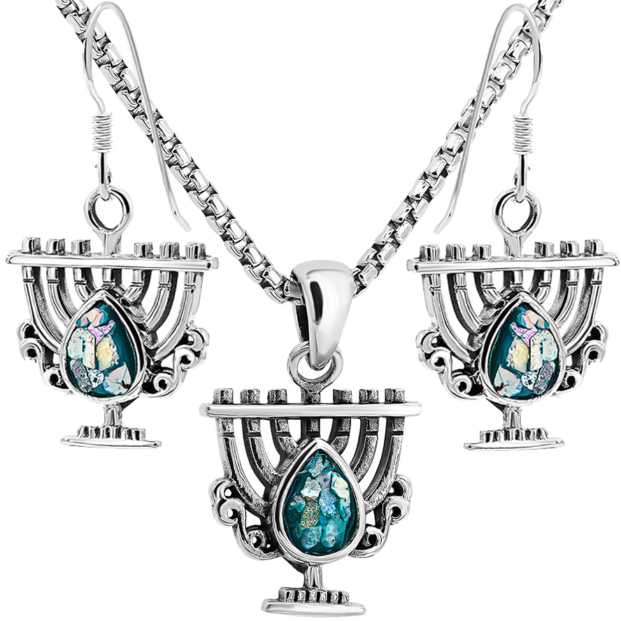 Roman Glass 'Tear Menorah' Sterling Silver Necklace and Earrings Set