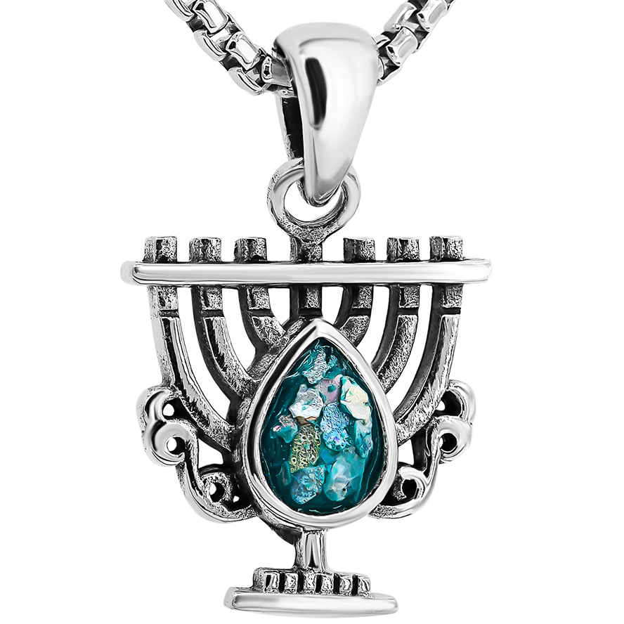 Roman Glass Tear ‘Menorah’ Necklace – Sterling Silver – Made in Israel