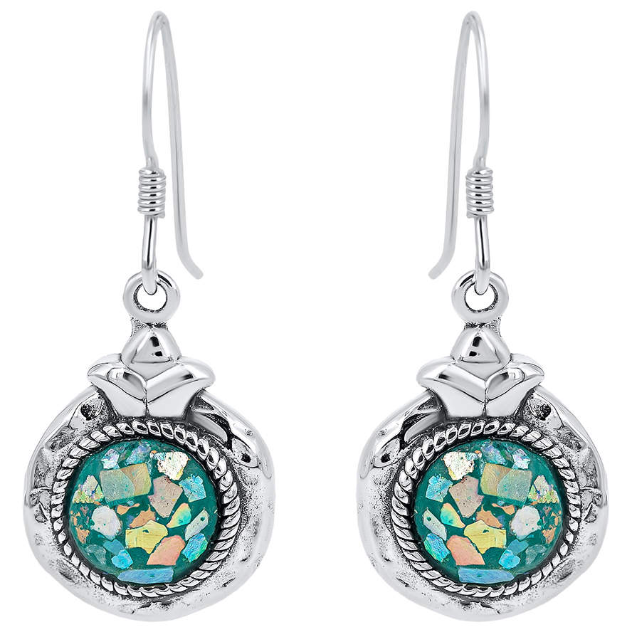 Roman Glass 'Pomegranate' Earrings from Israel - 925 Hammered Silver