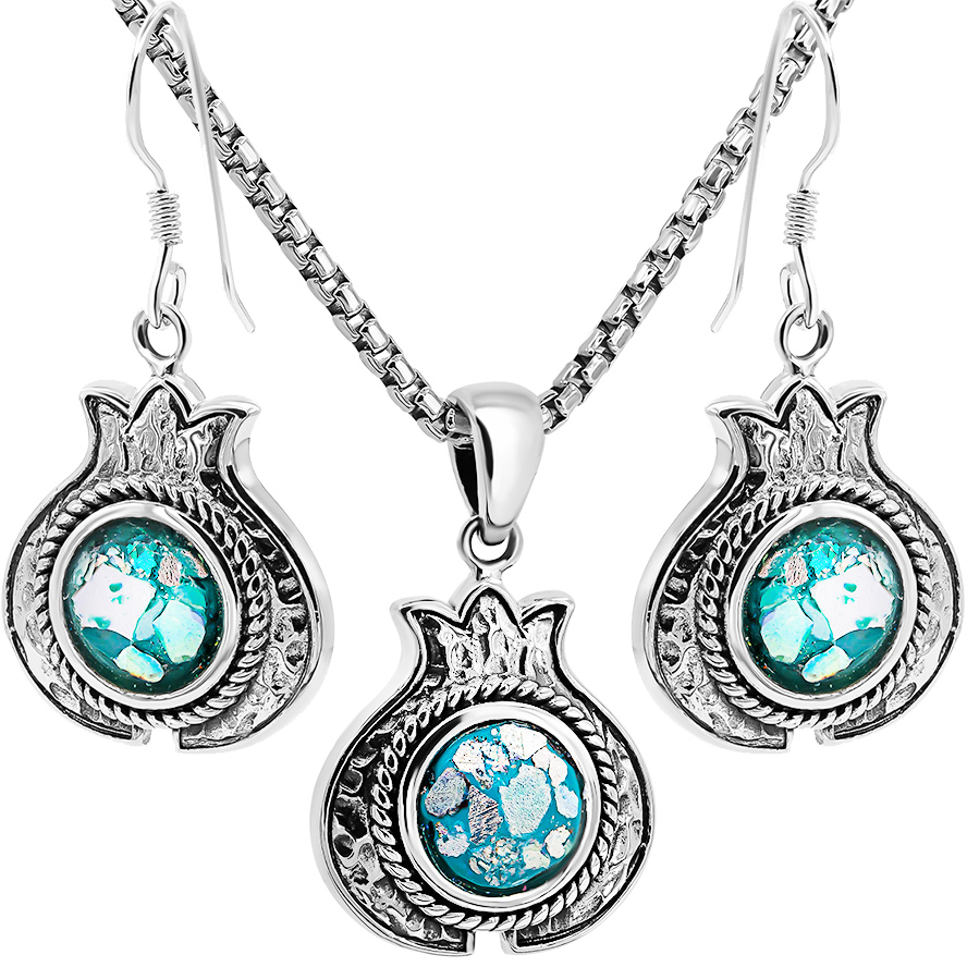 Sterling Silver 'Pomegranate' Jewelry Set with Genuine Roman Glass