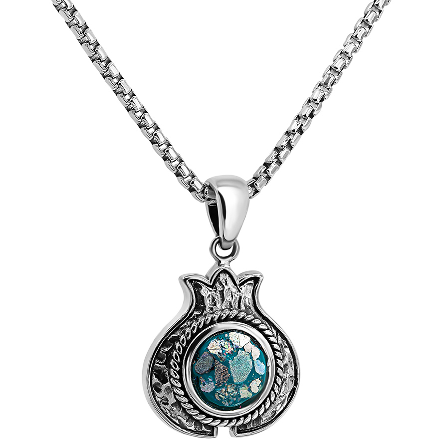 Silver ‘Pomegranate’ with Roman Glass Necklace with chain – Made in Israel