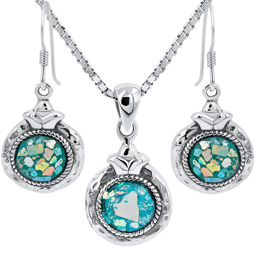 Roman Glass 'Pomegranate' Pendant and Earring Set - 925 Hammered Silver