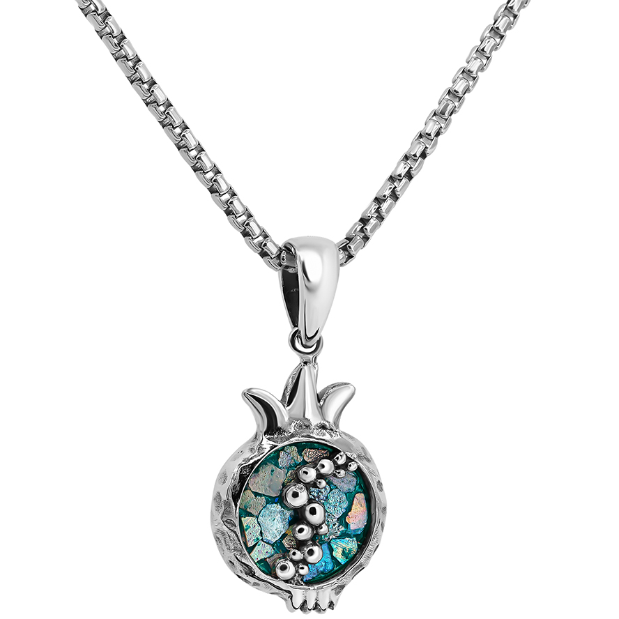 Roman Glass ‘Pomegranate’ with Seeds Sterling Silver Necklace – Made in Israel (with chain)