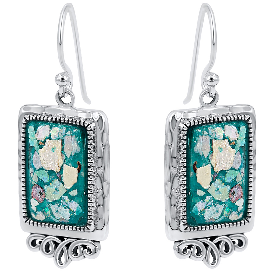 Roman Glass ‘Rectangle’ Earrings from Israel – 925 Silver