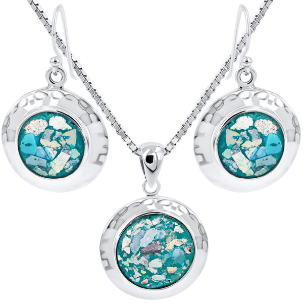 Roman Glass Round Hammered Silver Pendant and Earring Set