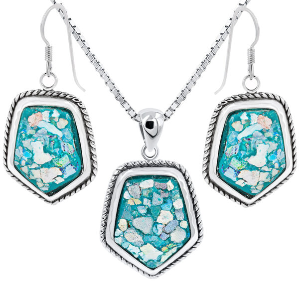 Roman Glass 'Shield' Pendant and Earring Set - 925 Silver - Made in Israel