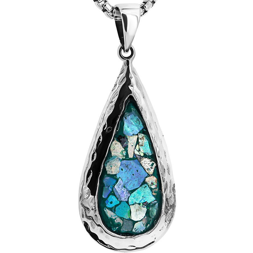 Roman Glass ‘Teardrop’ Sterling Silver Necklace – Made in Israel