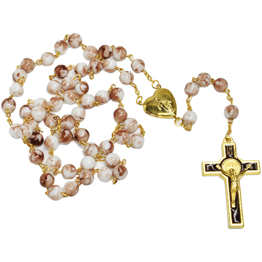 Pink Marble Rosary Beads with Golden Heart 'Mary' & Jerusalem Soil