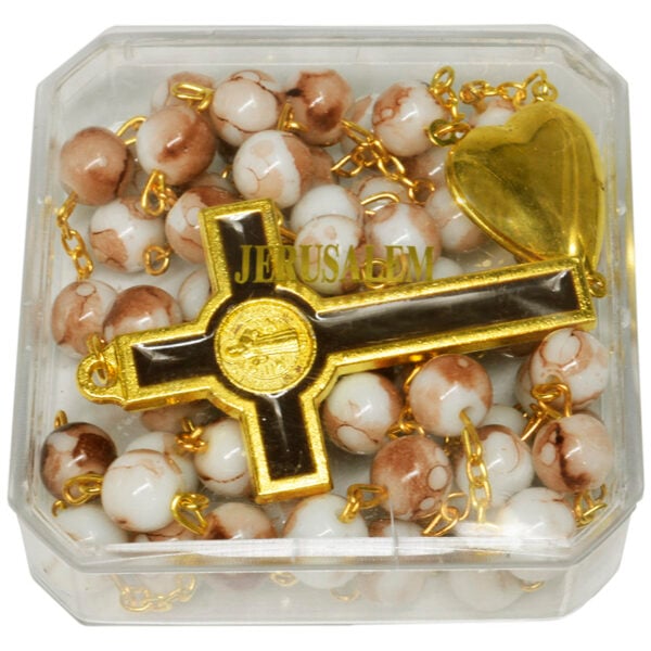Pink Marble Rosary Beads with Golden Heart 'Mary' & Jerusalem Soil (pack)