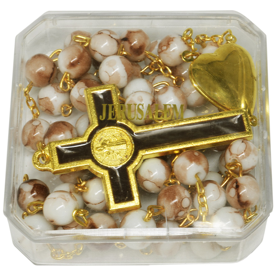 Pink Marble Rosary Beads with Golden Heart ‘Mary’ & Jerusalem Soil (pack)