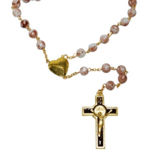 Pink Marble Rosary Beads with Golden Heart 'Mary' & Jerusalem Soil (detail)