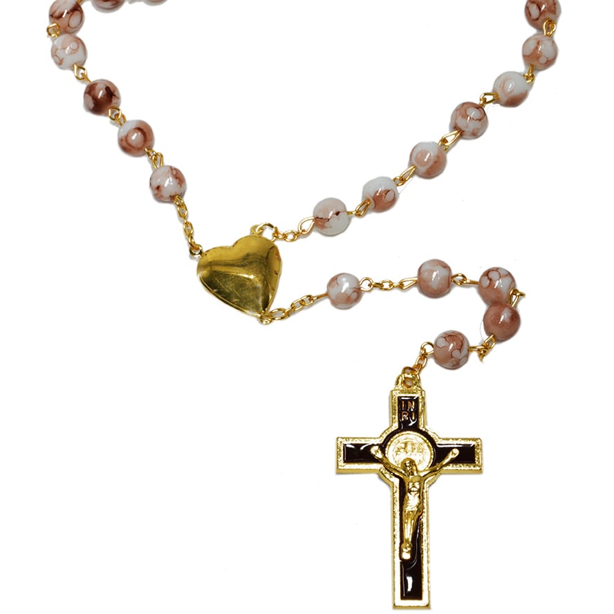 Pink Marble Rosary Beads with Golden Heart ‘Mary’ & Jerusalem Soil (detail)