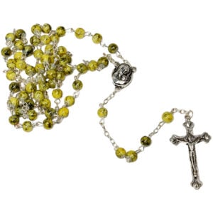 Green Marble Rosary Beads with 'Virgin Mary' Icon & Jerusalem Soil