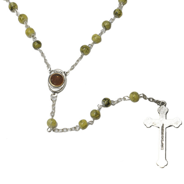 Green Marble Rosary Beads with 'Jerusalem' on reverse of Crucifix and Holy Soil