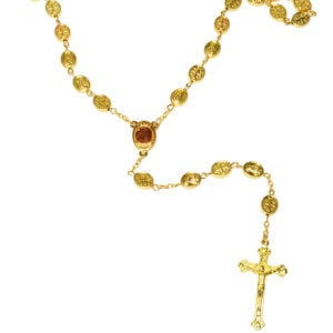 Golden Rosary Beads with 'Jerusalem Cross / Jesus and Mary' Icons & Holy Soil (detail)