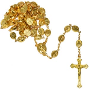 Golden Rosary Beads with 'Jerusalem Cross / Jesus and Mary' Icons & Holy Soil