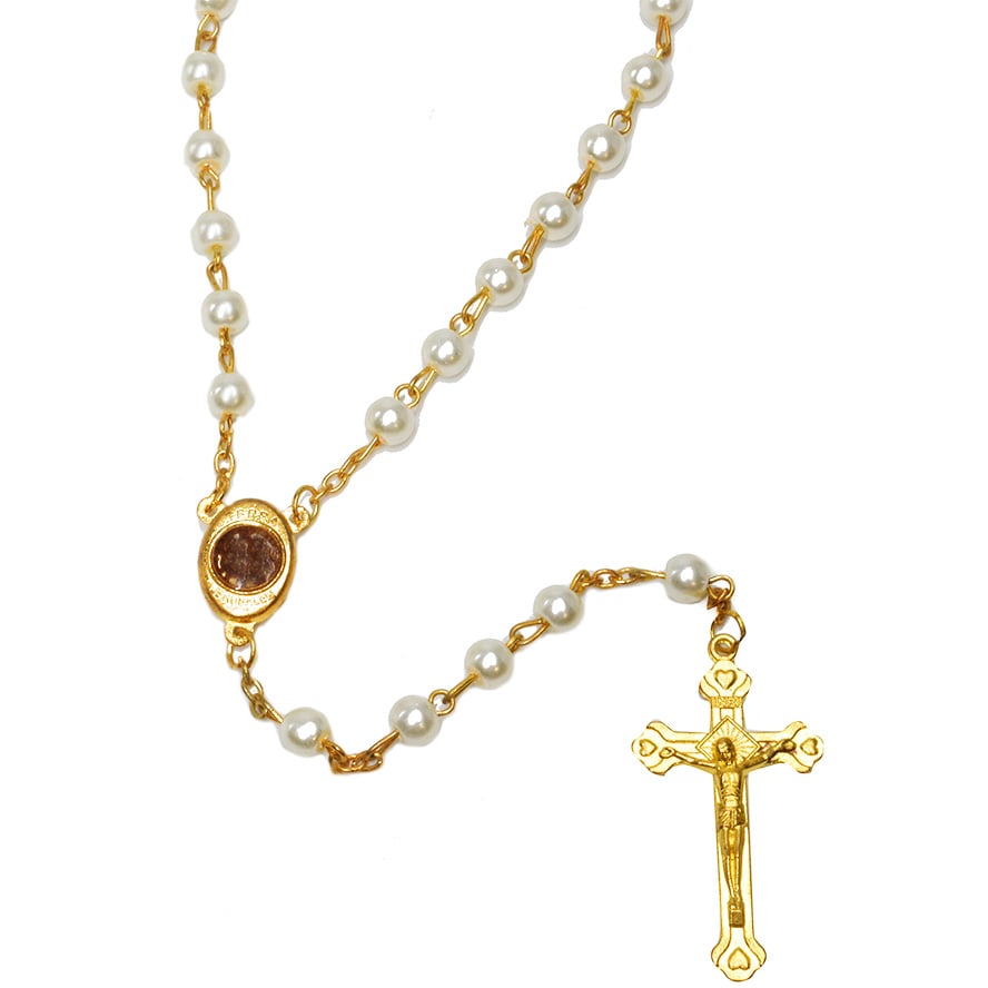 Mother of Pearl Rosary Beads with ‘Virgin Mary’ Icon – Gold Fill & Holy Soil