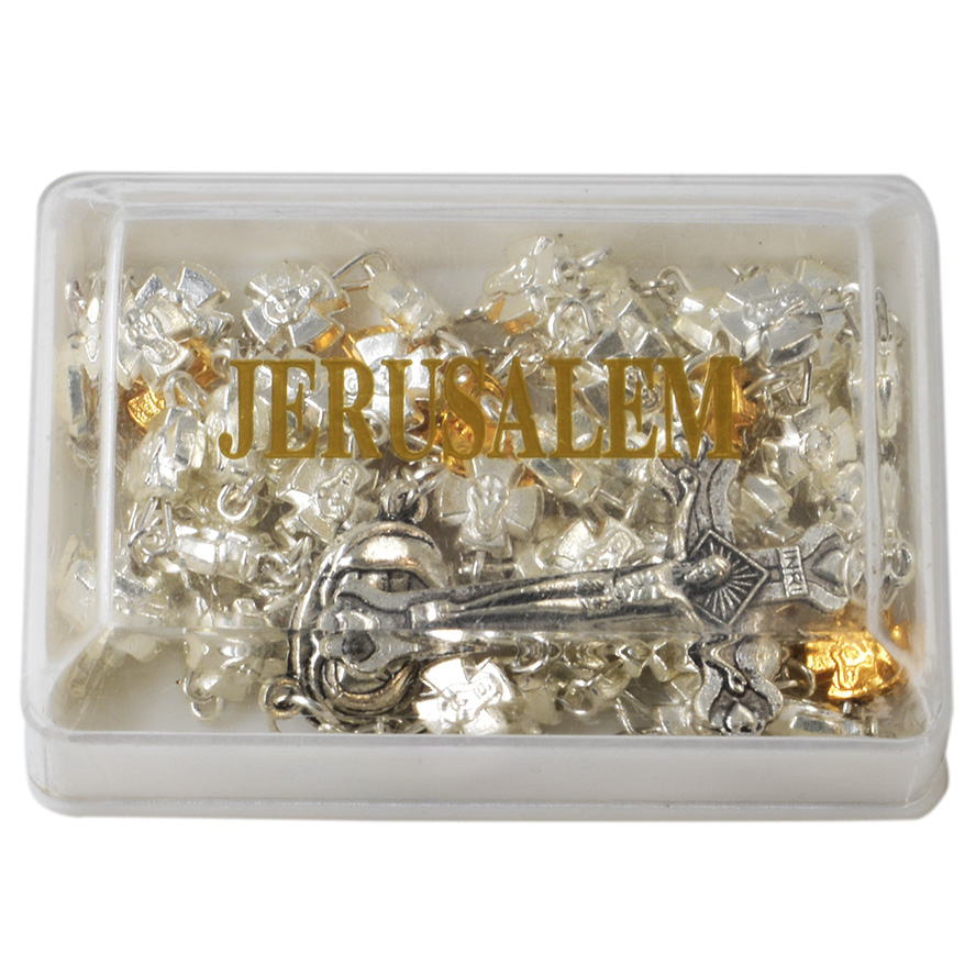 Rosary with Silver & Golden Crosses – Made in Jerusalem (gift box)