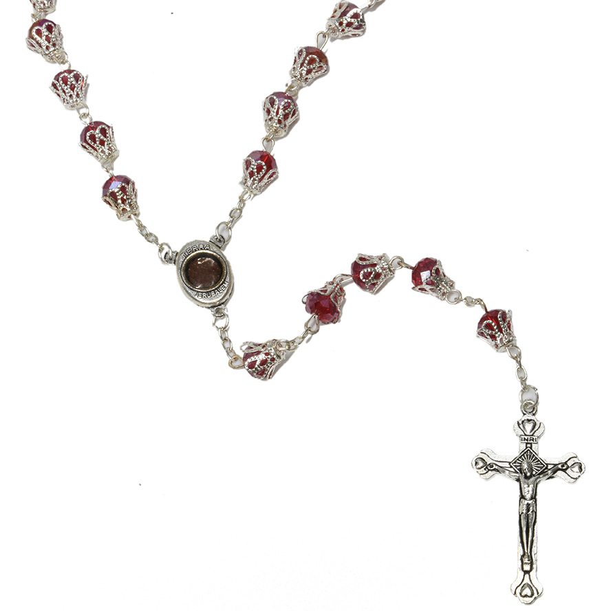 Ruby Glass Rosary Beads with ‘Jesus and Mary’ Icon & Holy Soil (detail)