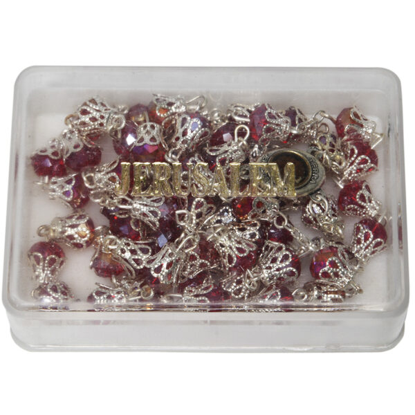 Ruby Glass Rosary Beads with 'Jesus and Mary' Icon & Holy Soil (packing)