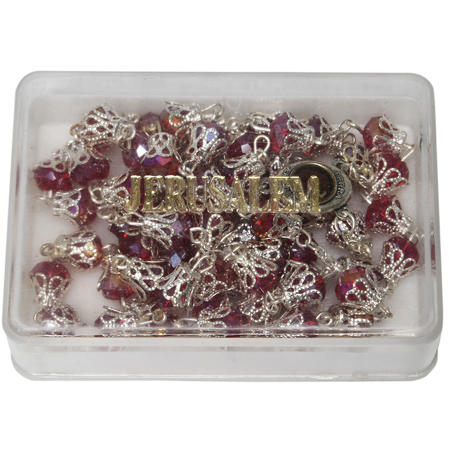 Ruby Glass Rosary Beads with ‘Jesus and Mary’ Icon & Holy Soil (packing)