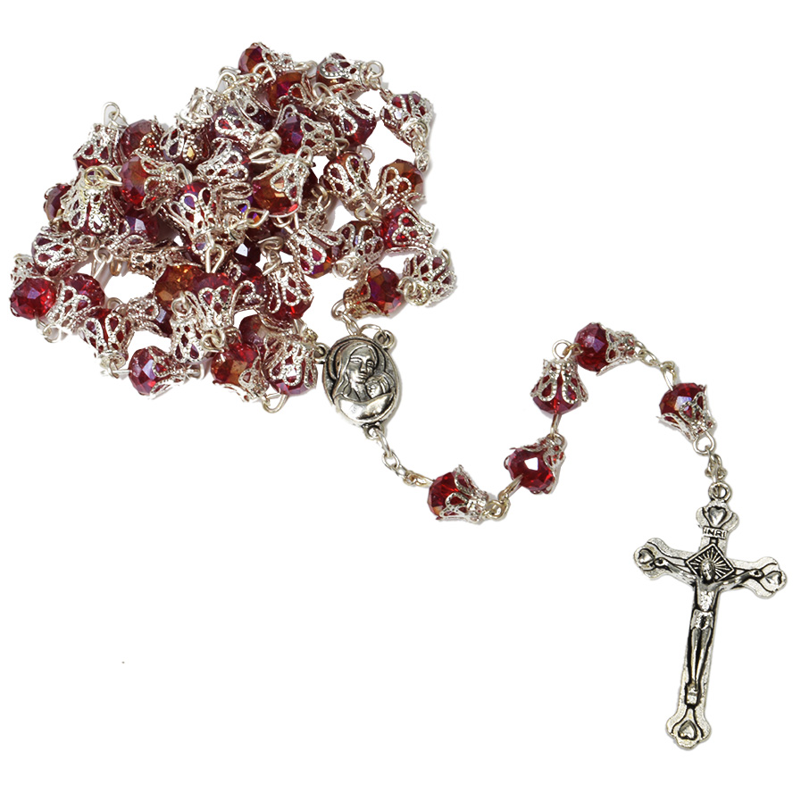 Ruby Glass Rosary Beads with ‘Jesus and Mary’ Icon & Holy Soil
