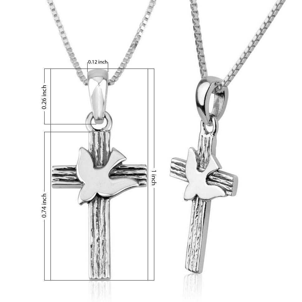 Holy Spirit Dove Descending on a 925 Silver Rugged Cross Pendant (dimensions)