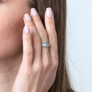 “Спаси и сохрани” Russian Orthodox Cross in 925 Silver with Topaz Ring (worn by model - detail)