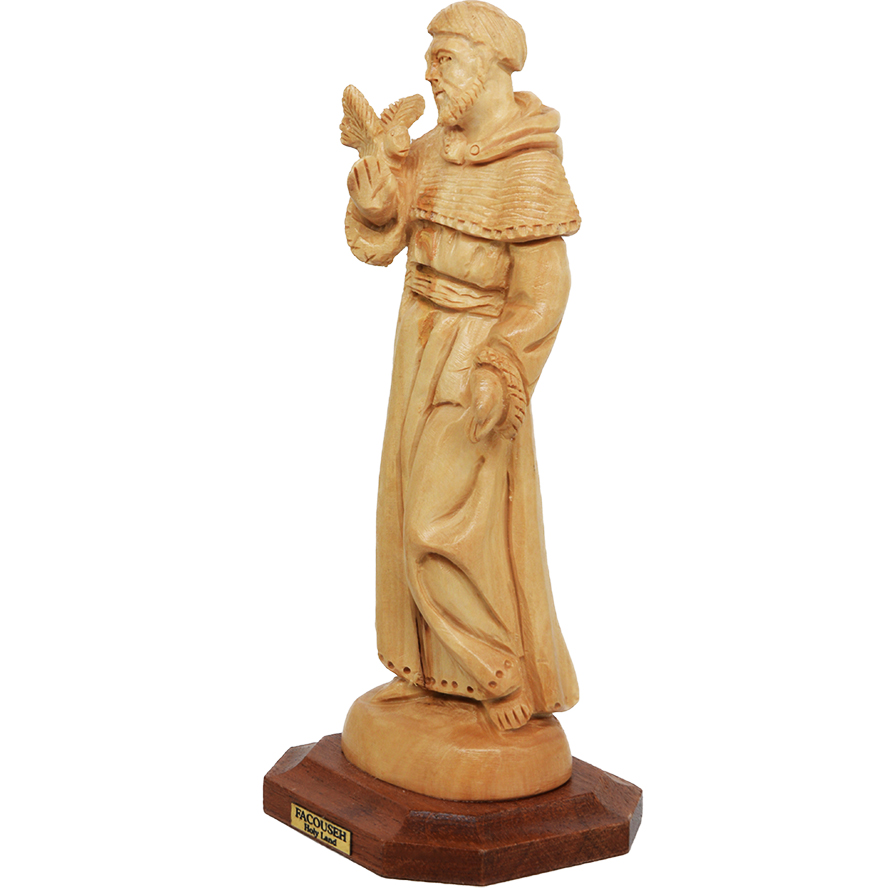 St. Francis of Assisi with a Bird – Olive Wood Statue – Made in the Holy Land (side view)