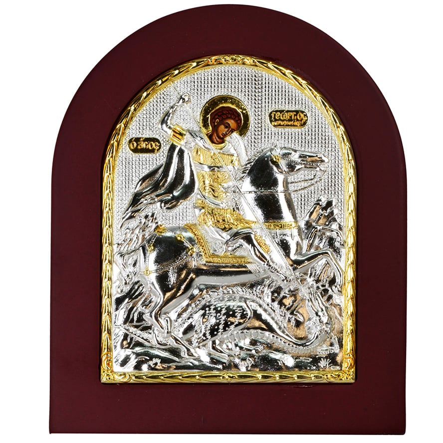 Saint George Slaying the Dragon Icon - Silver and Gold Plated (front view)