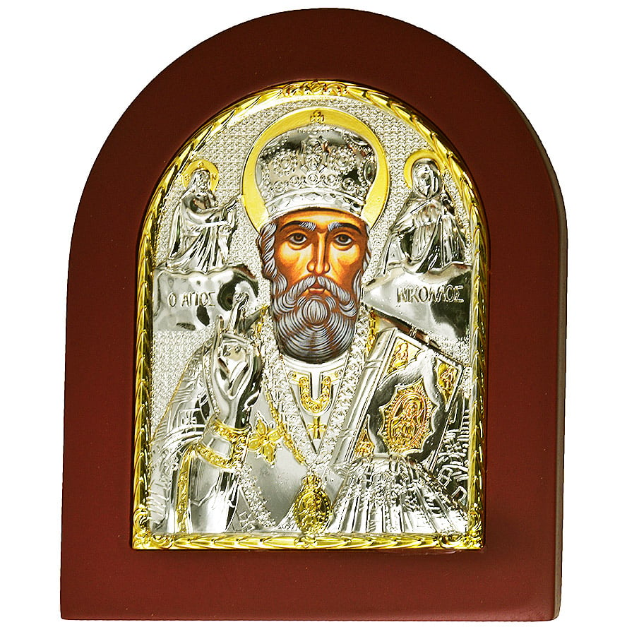 Saint Nicholas the Great Icon with Stand - Silver and Gold Plated