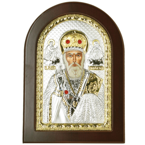 Arched 'Saint Nicholas' Icon - Silver Plated with Wood (front view)