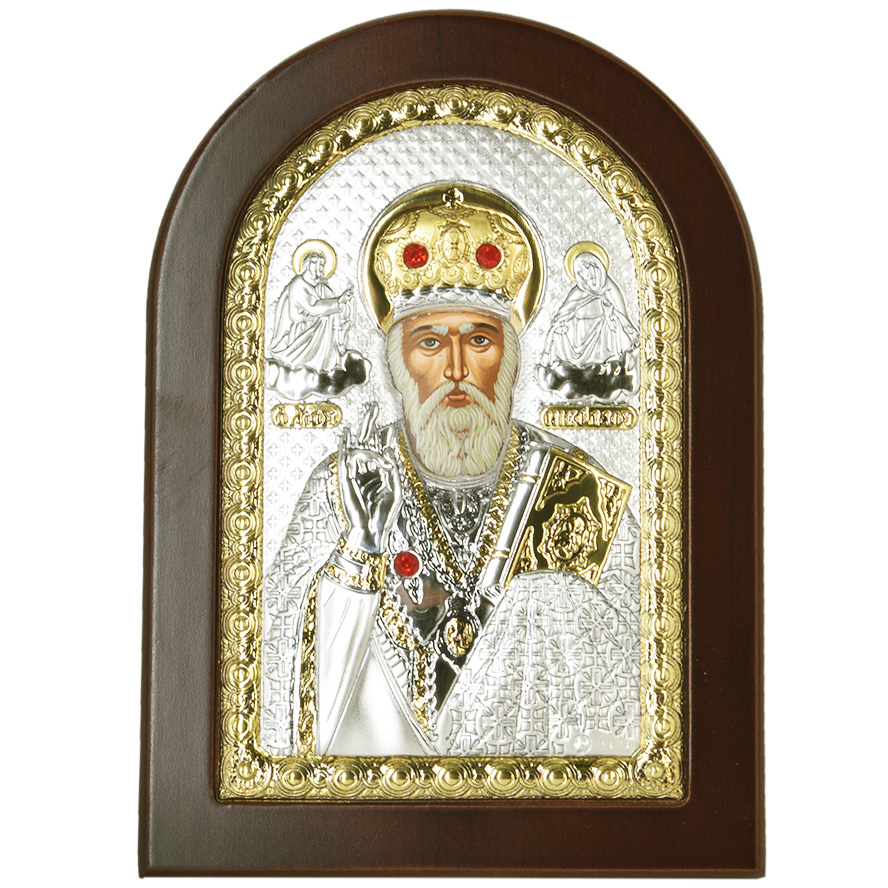 Arched ‘Saint Nicholas’ Icon – Silver Plated with Wood (front view)