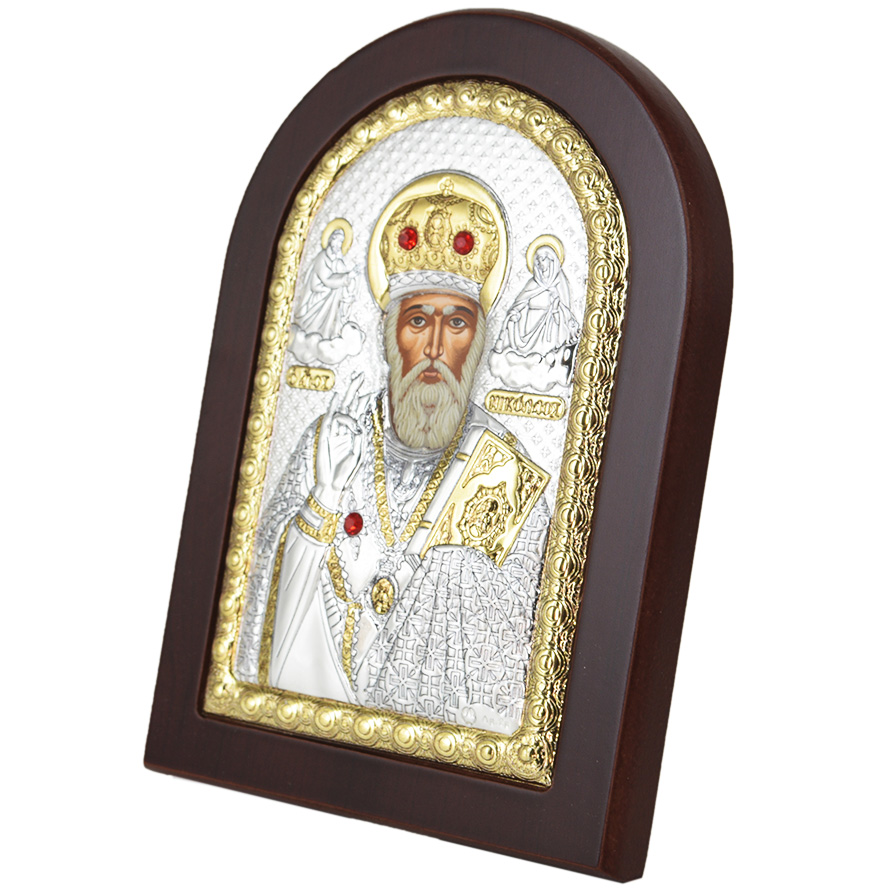 Arched 'Saint Nicholas' Icon - Silver Plated with Wood