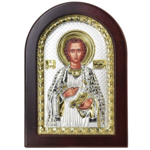 Saint Panteleimon Icon - Silver and Gold Plated with Wood (front view)