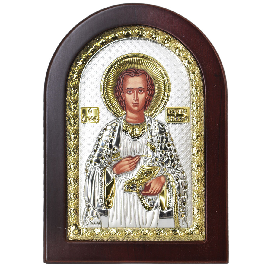 Saint Panteleimon Icon – Silver and Gold Plated with Wood (front view)