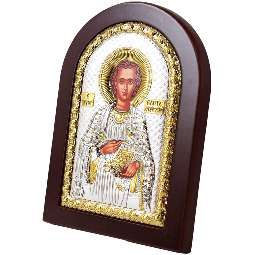 Saint Panteleimon Icon - Silver and Gold Plated with Wood