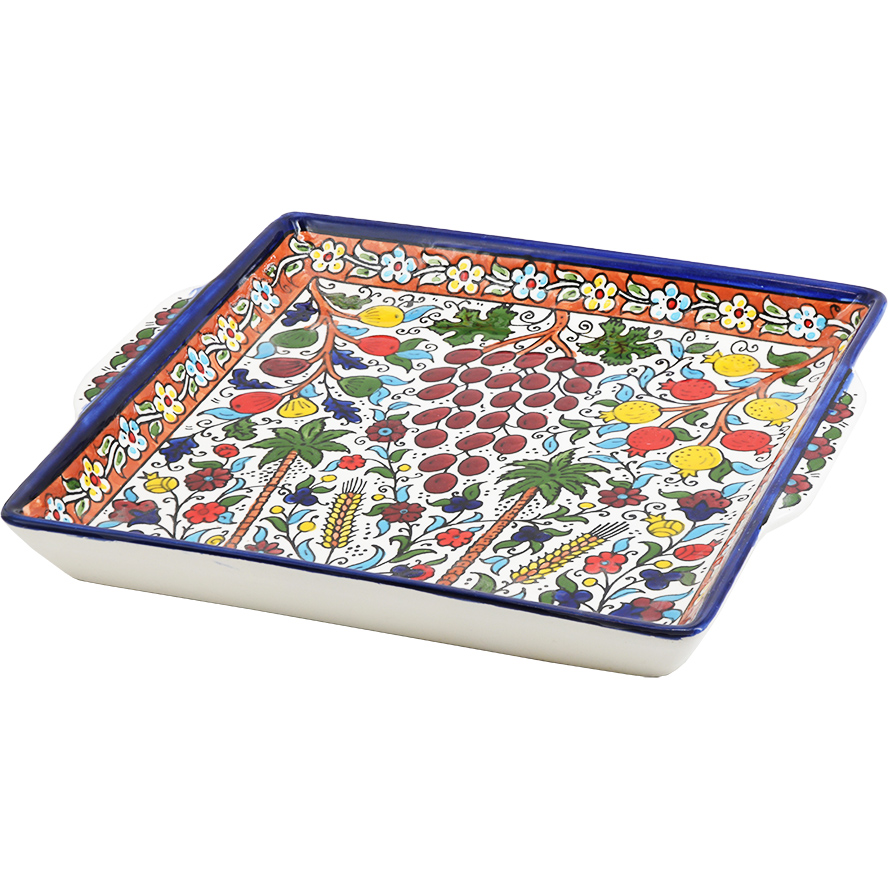 Armenian Ceramic Seven Species Tray – Made in Israel – 10″ (angle view)