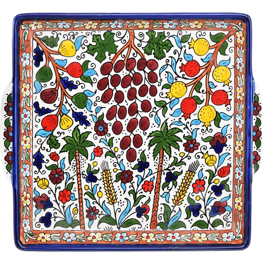 Armenian Ceramic Seven Species Tray – Made in Israel – 10″ (top view)