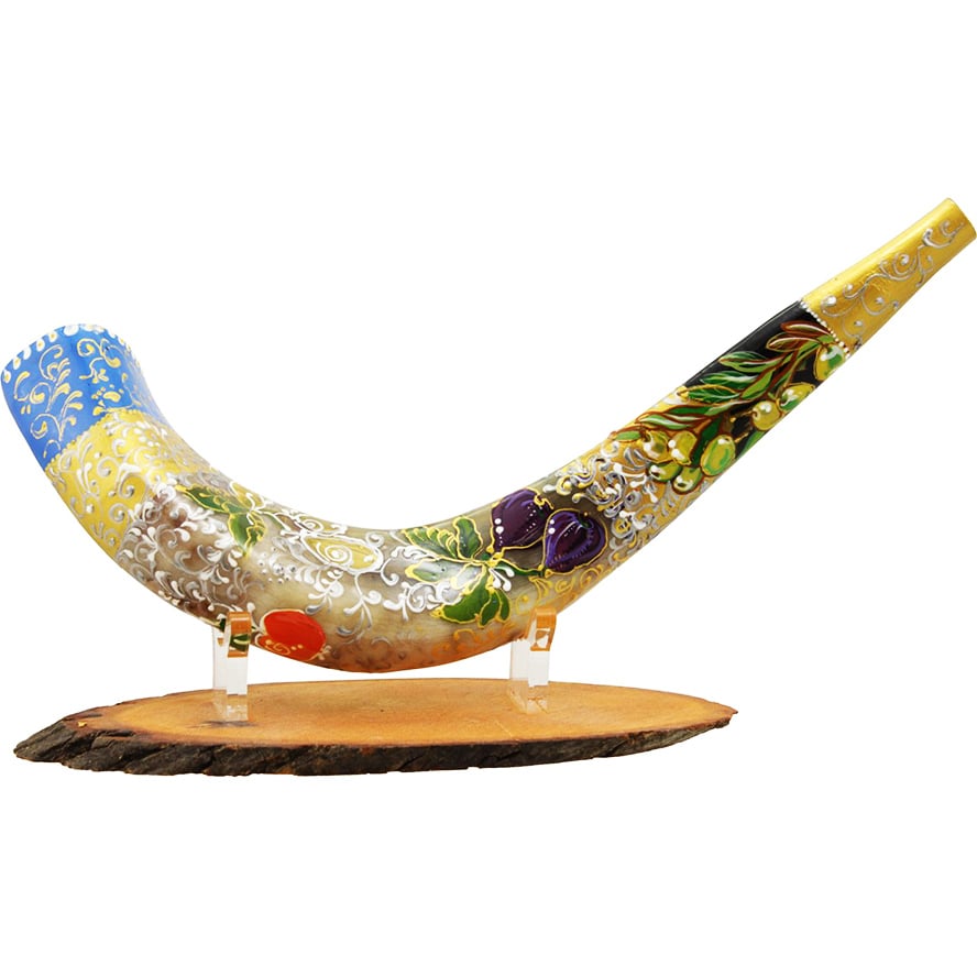 “Seven Species” Hand-Painted Ram’s Horn Shofar By Sarit Romano