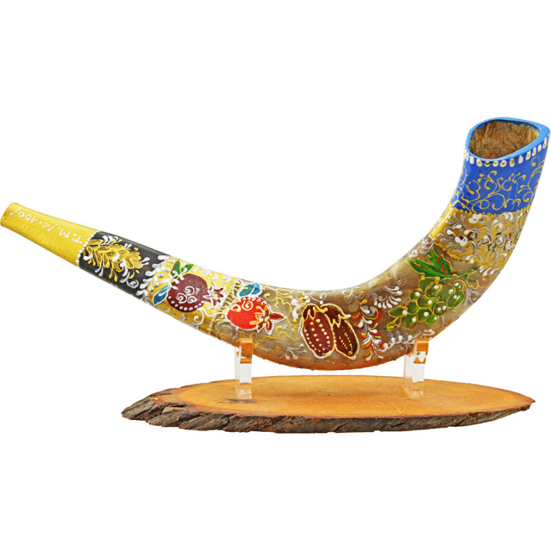 'Seven Species' Shofar Hand-Painted Ram's Horn By Sarit Romano - Made in Israel - Size: 15" to 17"
