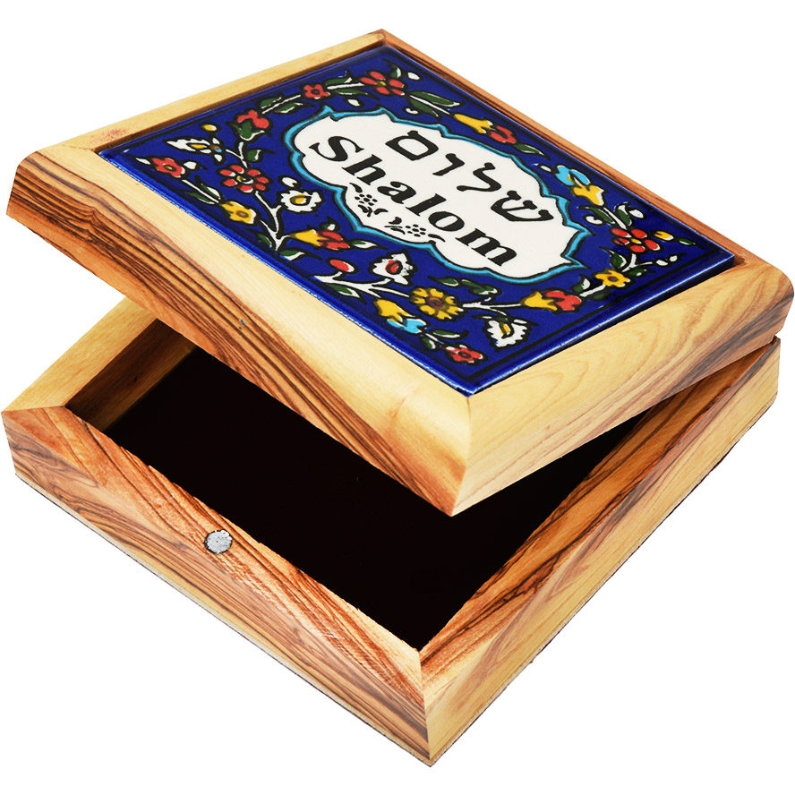 'Shalom' Hebrew and English Ceramic Tile on Olive Wood Box - 3 Size Options (lid open)
