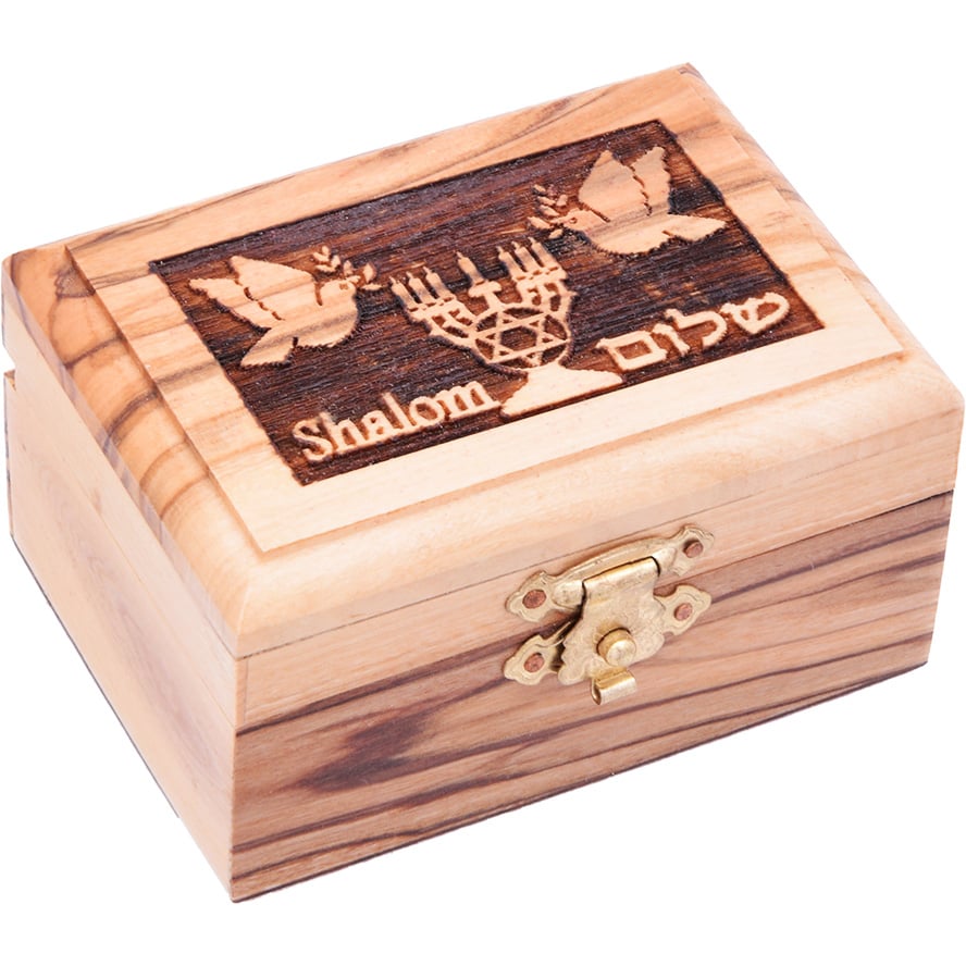 Engraved 'Shalom' Olive Wood Box with Menorah and Doves - 2.7"