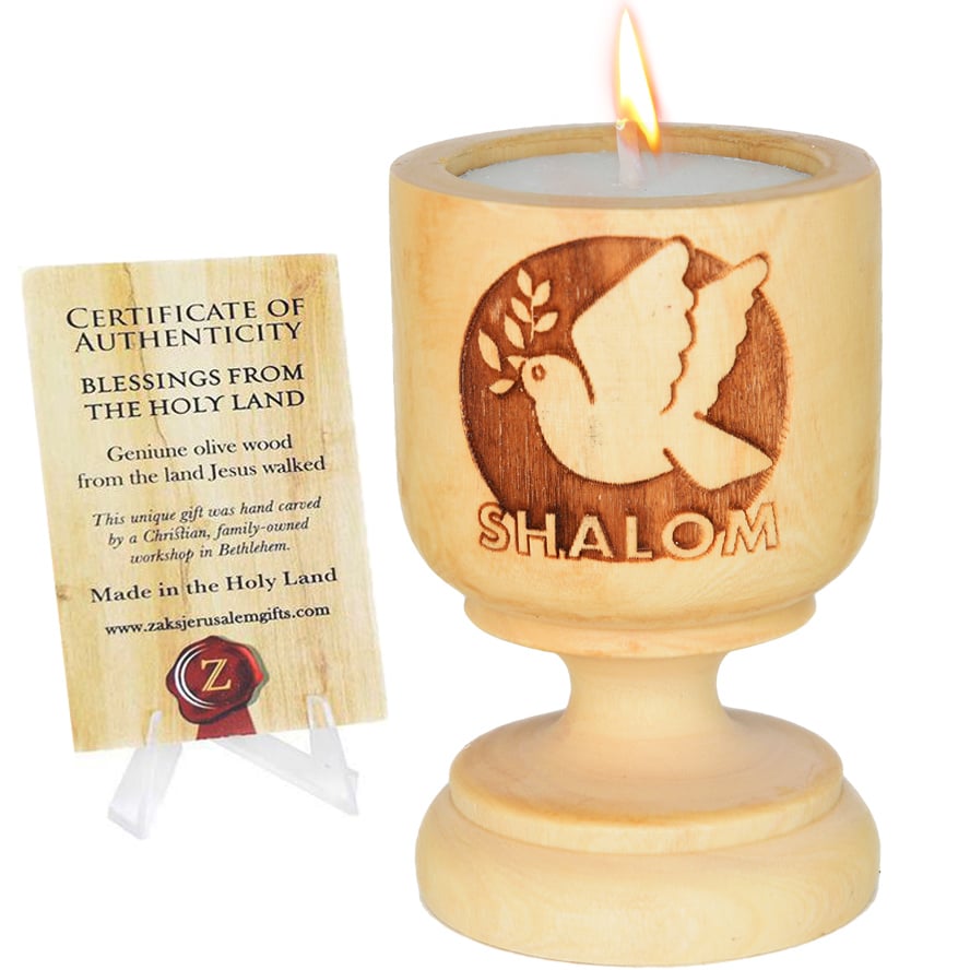 'Shalom Dove' Olive Wood Candle Holder - Made in Israel - 3