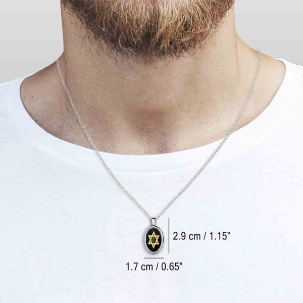 'Shema Yisrael' Hebrew 24k Inscribed Onyx - Oval 925 Silver Necklace (worn by man)