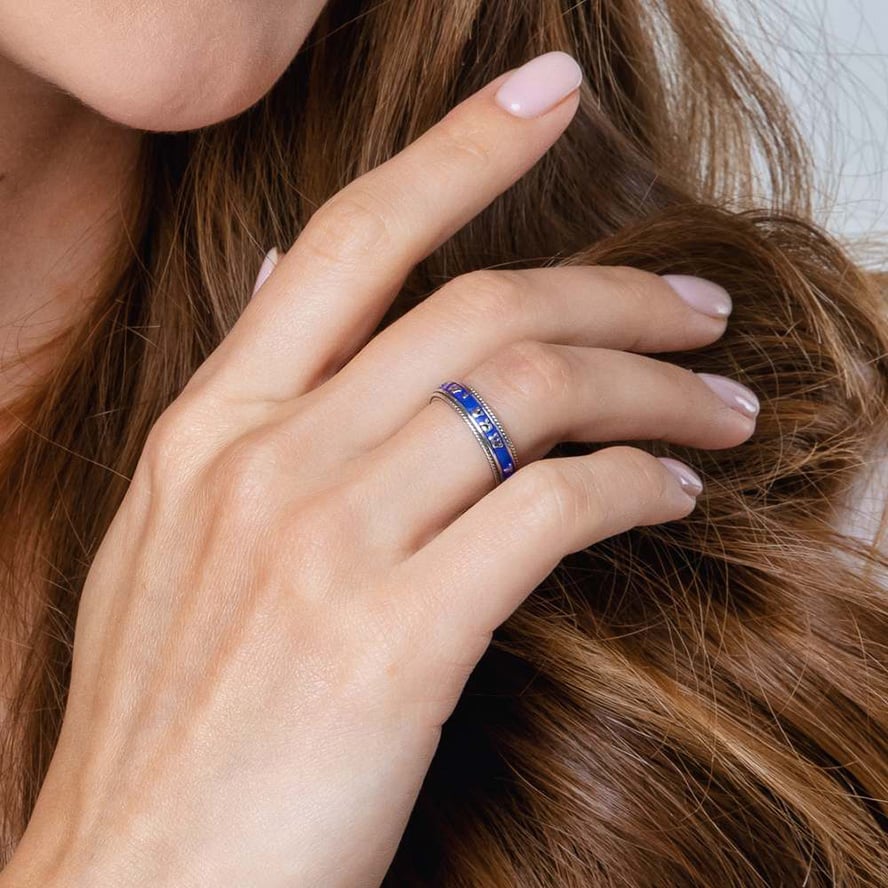 Blue Enamel Sterling Silver Ring Inscribed in Hebrew with ‘Shema Yisrael’ (worn by model)