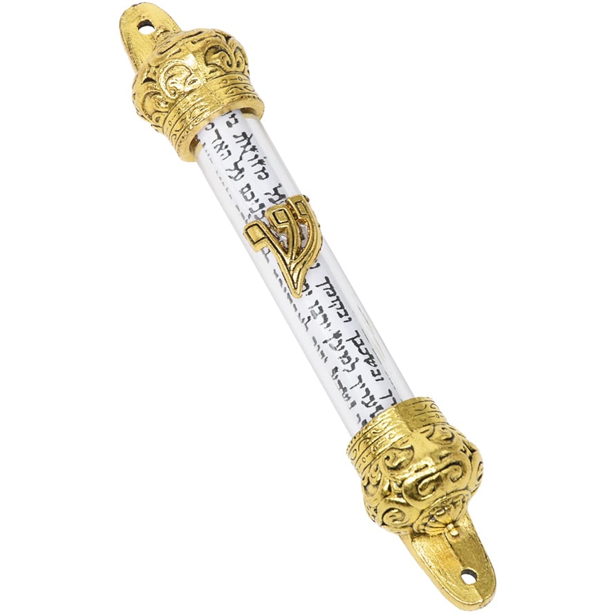 Golden Crown 'Shin' Mezuzah with Parchment in Glass Vial - 4.4