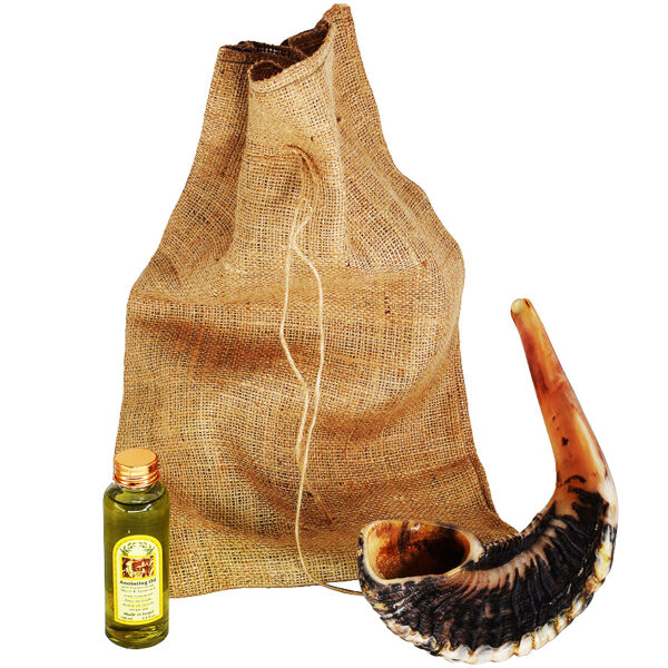 Ram's Horn Shofar with Anointing Oil in Sackcloth Bag from Israel 13"-16"
