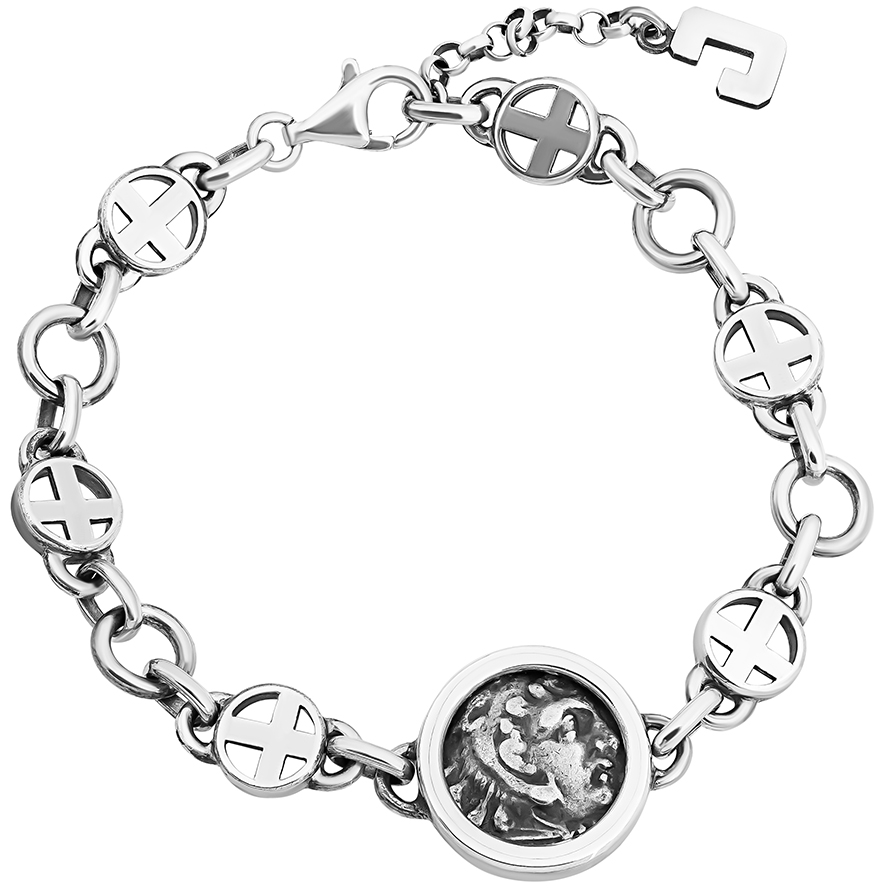 Alexander the Great' Silver Drachma Coin in Sterling Silver Cross Bracelet